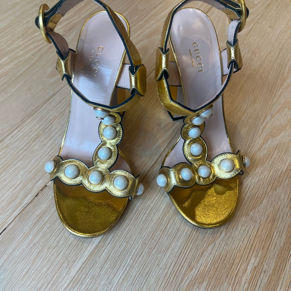 Gucci Gold Sandals with Pearl Embellishments